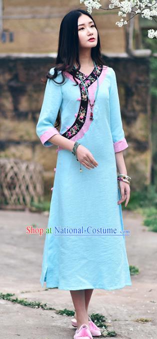 Traditional China National Costume Tang Suit Cheongsam Chinese Embroidered Blue Qipao Dress for Women