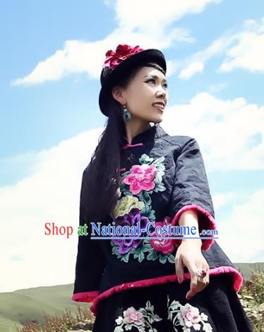 Traditional China National Black Cheongsam Shirts Costume Chinese Tang Suit Embroidered Blouse for Women