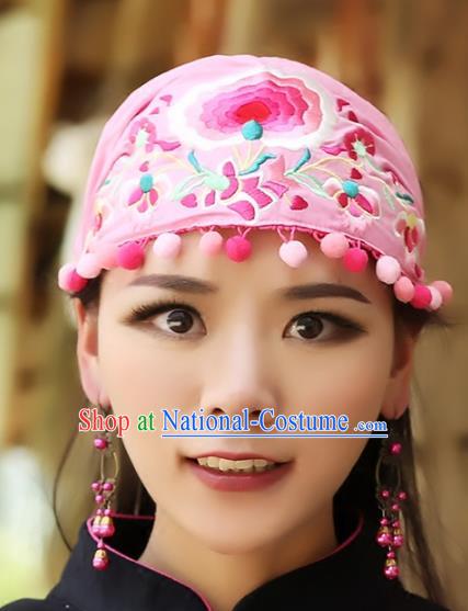 Traditional China National Hair Accessories Chinese Embroidered Pink Hats Kerchief for Women