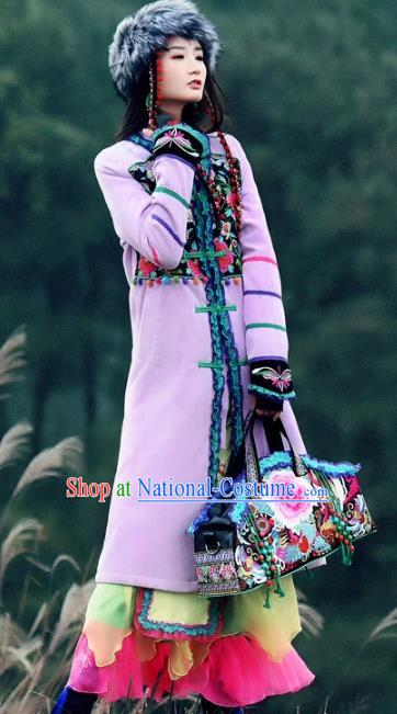 Traditional China National Costume Chinese Tang Suit Embroidered Lilac Dust Coats for Women