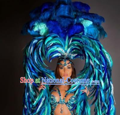 Top Grade Brazilian Carnival Costumes Halloween Feather Accessories Blue Feather Headdresses Miami Stage Performance Feathers Wings for Women