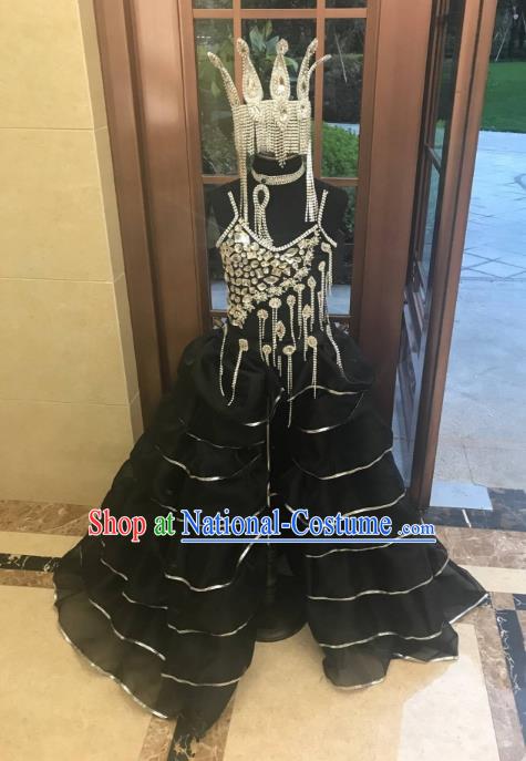 Top Grade Children Stage Performance Costume Catwalks Queen Black Full Dress and Headwear for Kids