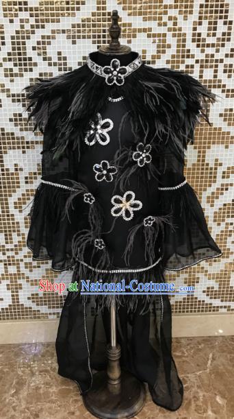 Top Grade Children Stage Performance Costume Catwalks Black Feather Bikini Dress for Kids