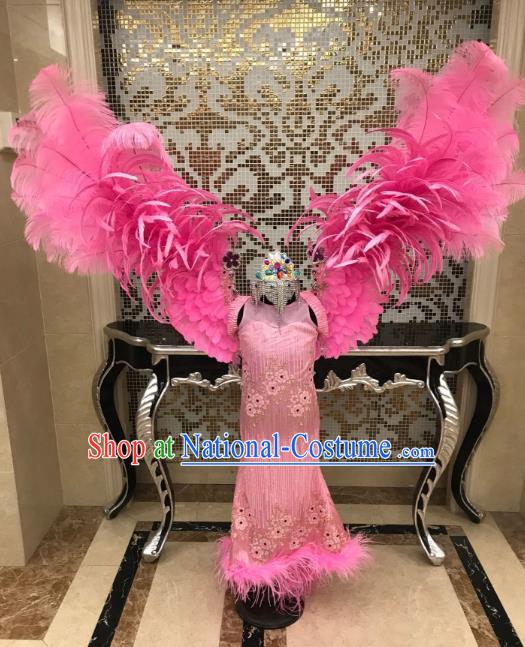 Top Grade Children Stage Performance Costume Catwalks Pink Dress and Feather Wings for Kids