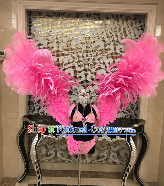 Top Grade Children Stage Performance Costume Catwalks Pink Bikini and Feather Wings for Kids