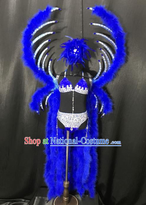 Top Grade Children Stage Performance Costume Catwalks Blue Feather Bikini Dress with Wings for Kids