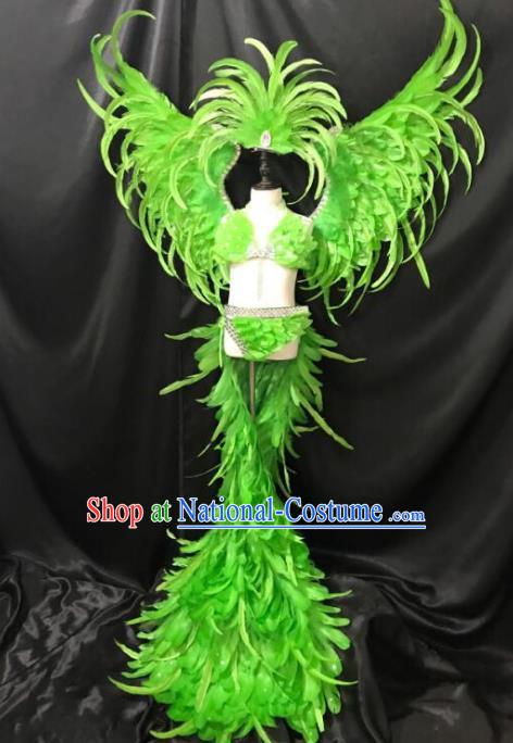 Top Grade Children Stage Performance Costume Catwalks Green Feather Bikini Dress with Wings for Kids