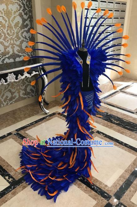 Top Grade Children Stage Performance Costume Catwalks Bikini Mullet Dress and Blue Feather Wings for Kids