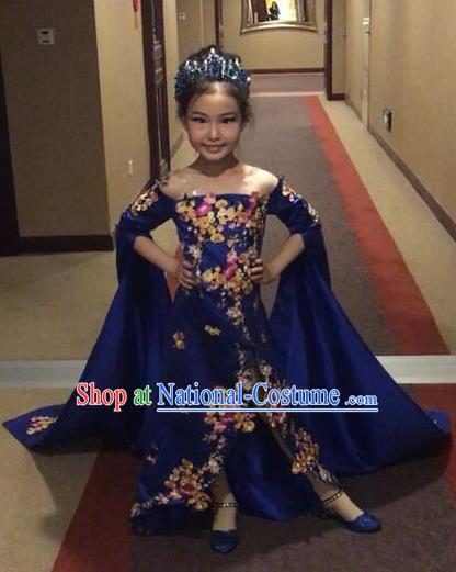 Top Grade Children Stage Performance Costume Girls Blue Cheongsam Dress Catwalks Clothing for Kids