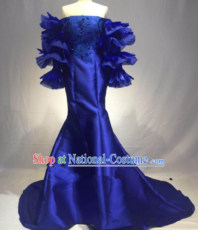 Top Grade Stage Performance Costume Modern Dance Blue Strapless Dress Catwalks Full Dress for Women