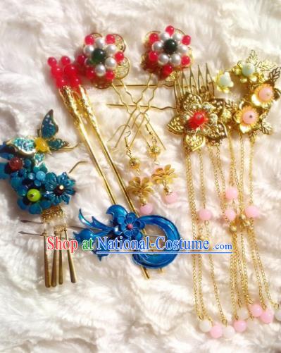 Traditional Chinese Ancient Hair Accessories Blueing Hairpins Tassel Step Shake Complete Set for Women