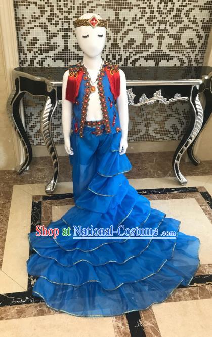 Top Grade Children Stage Performance Costume Catwalks Modern Dance Blue Dress and Headwear for Kids