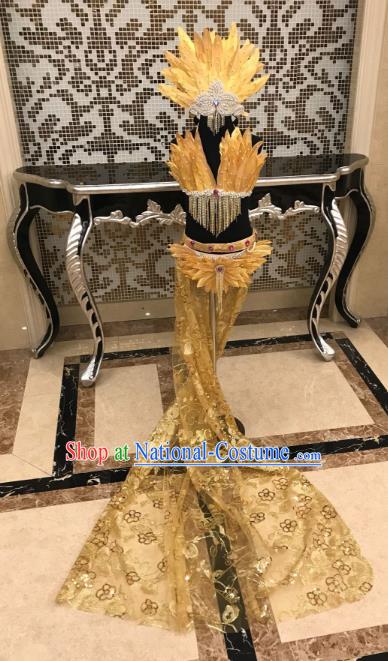 Top Grade Children Stage Performance Costume Catwalks Modern Dance Golden Feather Bikini and Headwear for Kids