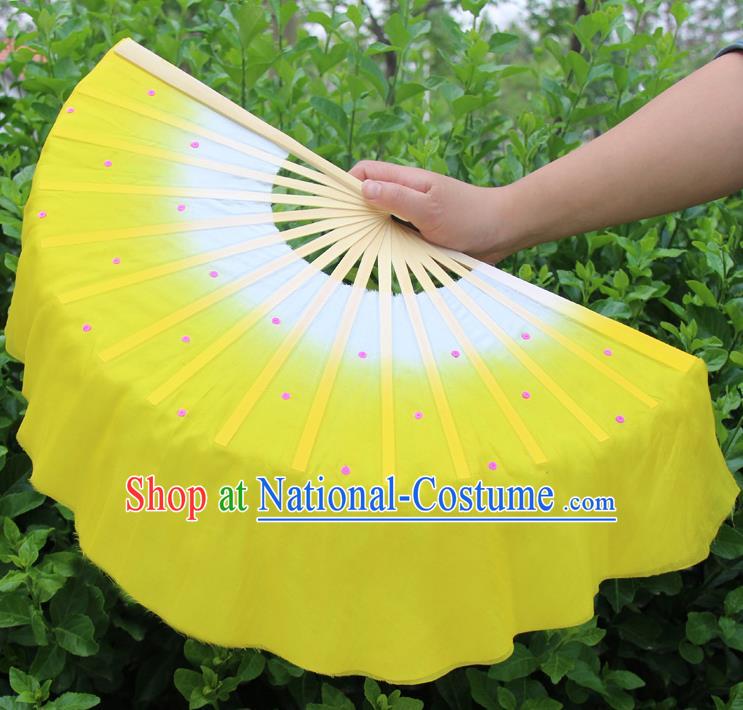 Top Grade Chinese Folk Dance Folding Fans Dance Fans Yangko Yellow Silk Fans for Women