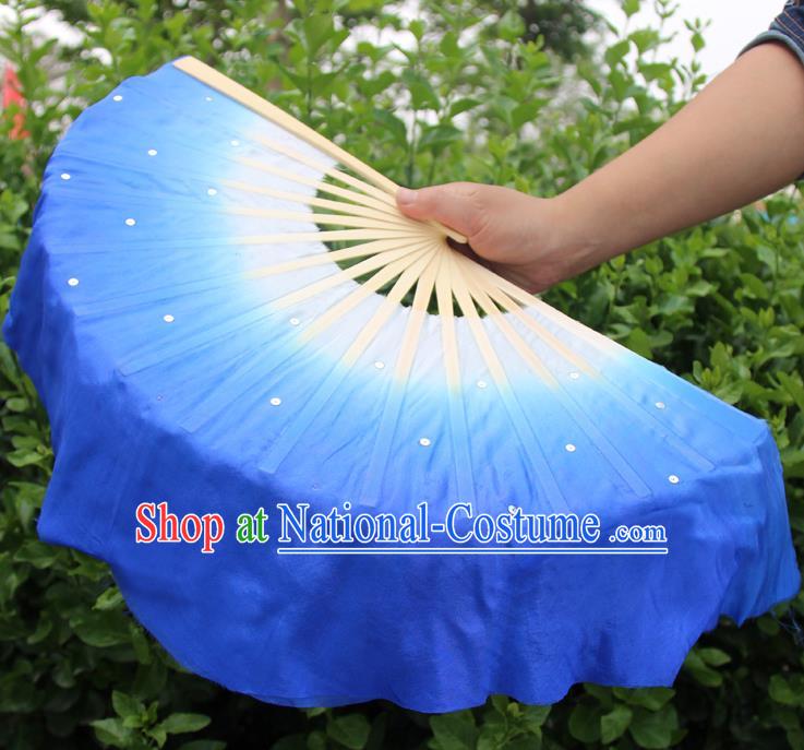 Top Grade Chinese Folk Dance Folding Fans Dance Fans Yangko Deep Blue Silk Fans for Women