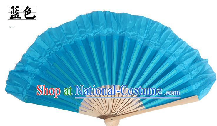 Top Grade Chinese Folk Dance Folding Fans Yangko Dance Blue Silk Fan for Women