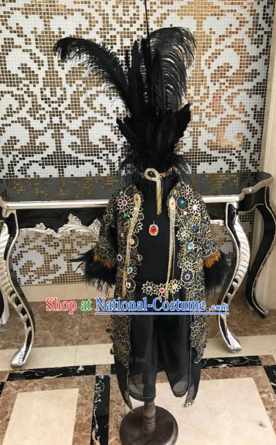 Top Grade Children Stage Performance Costume Catwalks Modern Dance Clothing and Black Feather Headwear for Kids