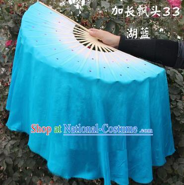 Top Grade Chinese Folk Dance Folding Fans Yangko Dance Blue Silk Ribbon Fan for Women