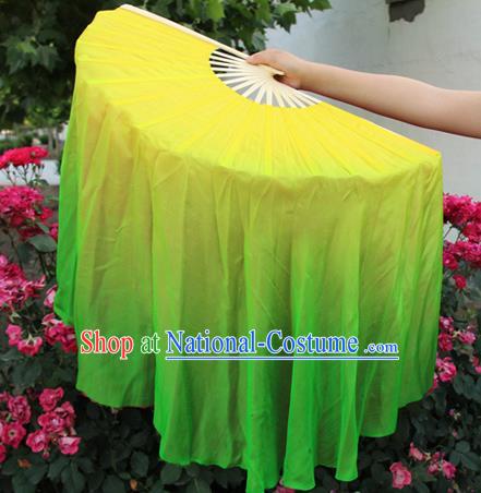 Top Grade Chinese Folk Dance Yellow Folding Fans Yangko Dance Silk Ribbon Fan for Women