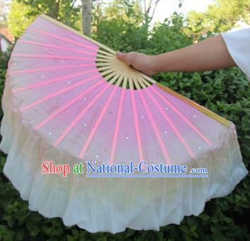 Top Grade Chinese Folk Dance Gradient Pink Folding Fans Yangko Dance Silk Ribbon Fan for Women