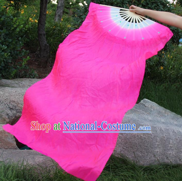 Top Grade Chinese Folk Dance Rosy Folding Fans Yangko Dance Silk Long Ribbon Fan for Women