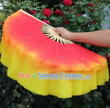 Chinese Handmade Folk Dance Folding Fans Yangko Dance Red and Yellow Silk Ribbon Fan for Women