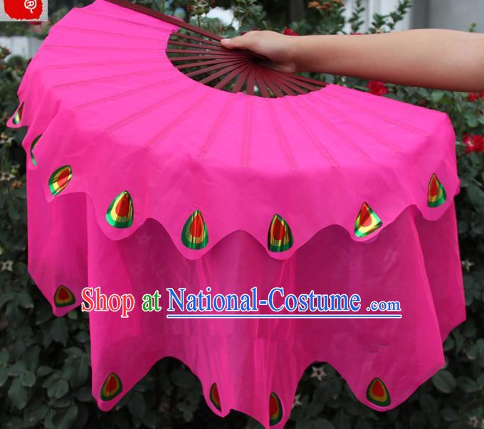 Chinese Handmade Folk Dance Peacock Folding Fans Yangko Dance Rosy Silk Ribbon Fan for Women