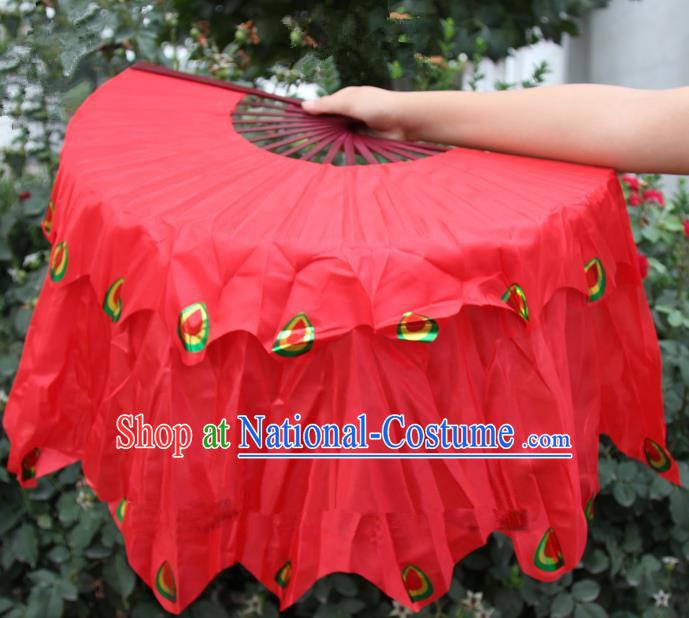 Chinese Handmade Folk Dance Peacock Folding Fans Yangko Dance Red Silk Ribbon Fan for Women