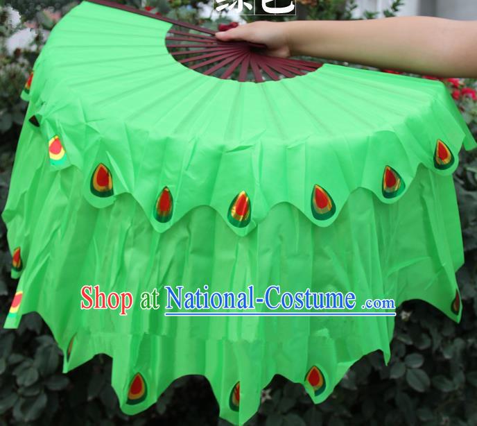 Chinese Handmade Folk Dance Peacock Folding Fans Yangko Dance Green Silk Ribbon Fan for Women