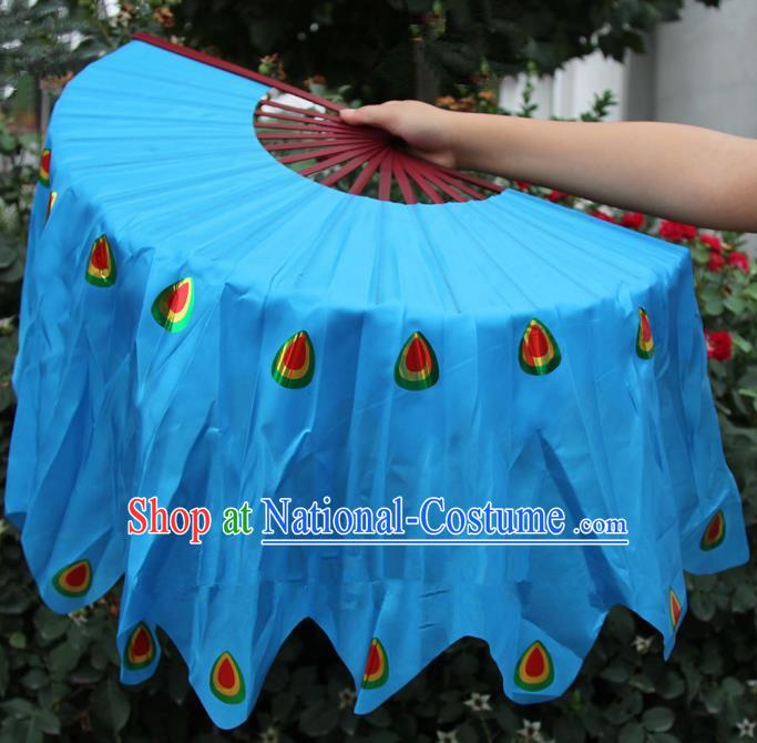 Chinese Handmade Folk Dance Peacock Folding Fans Yangko Dance Blue Silk Ribbon Fan for Women