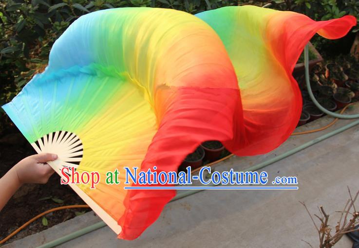 Chinese Handmade Folk Dance Folding Fans Yangko Dance Colorful Silk Ribbon Fan for Women