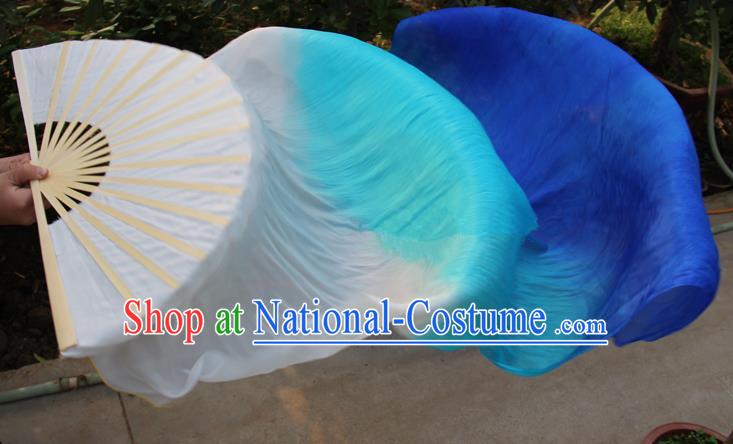 Chinese Handmade Folk Dance Folding Fans Yangko Dance Gradient Blue Silk Ribbon Fan for Women