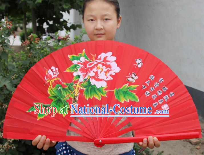 Chinese Handmade Folk Dance Folding Fans Yangko Dance Printing Peony Tai Chi Red Fan for Women