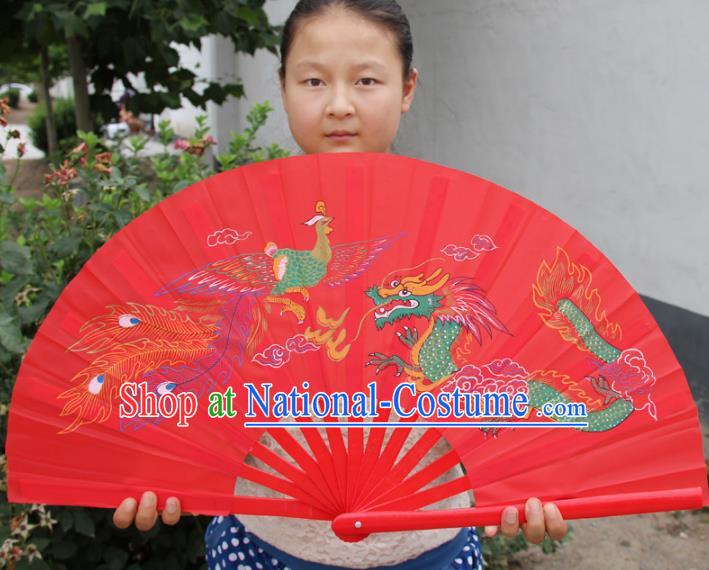 Chinese Handmade Folk Dance Folding Fans Yangko Dance Printing Dragon and Phoenix Tai Chi Red Fan for Women