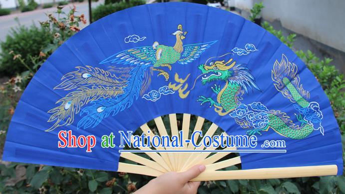 Chinese Handmade Folk Dance Folding Fans Yangko Dance Printing Dragon and Phoenix Tai Chi Blue Fan for Women