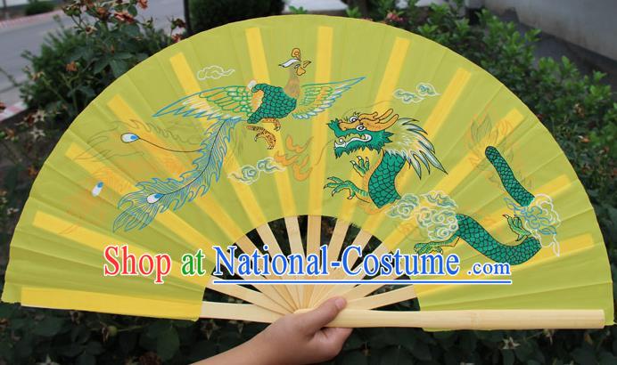 Chinese Handmade Folk Dance Folding Fans Yangko Dance Printing Dragon and Phoenix Tai Chi Yellow Fan for Women