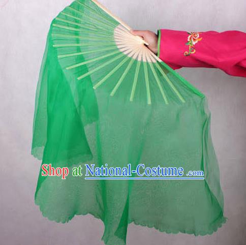 Chinese Handmade Folk Dance Green Ribbon Folding Fans Yangko Dance Classical Fans for Women