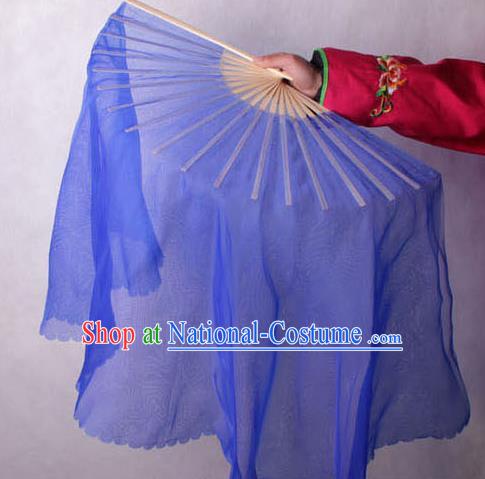 Chinese Handmade Folk Dance Deep Blue Ribbon Folding Fans Yangko Dance Classical Fans for Women