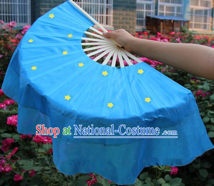 Chinese Handmade Folk Dance Blue Silk Folding Fans Yangko Dance Classical Dance Fans for Women