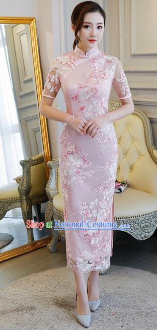 Chinese Traditional Elegant Cheongsam Embroidery Pink Qipao Dress National Costume for Women