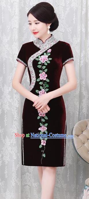 Chinese Traditional Elegant Cheongsam Embroidery Purplish Red Velvet Qipao Dress National Costume for Women