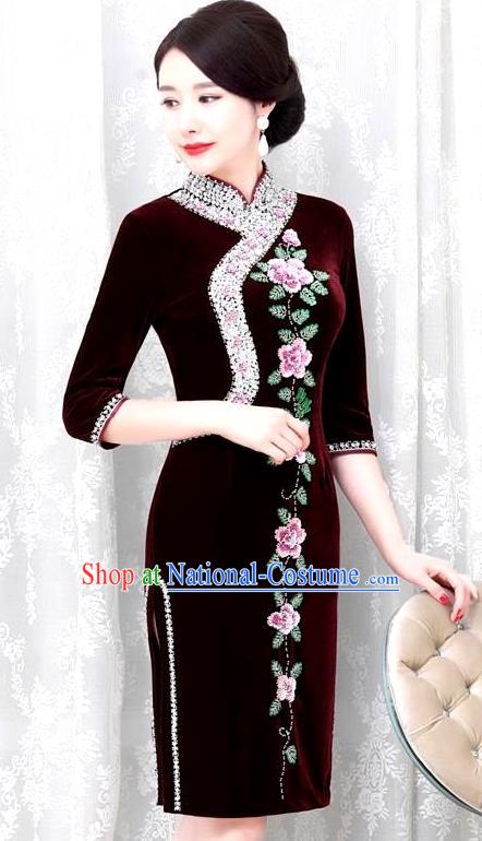 Chinese Traditional Elegant Seven Sleeves Cheongsam Embroidery Purplish Red Velvet Qipao Dress National Costume for Women