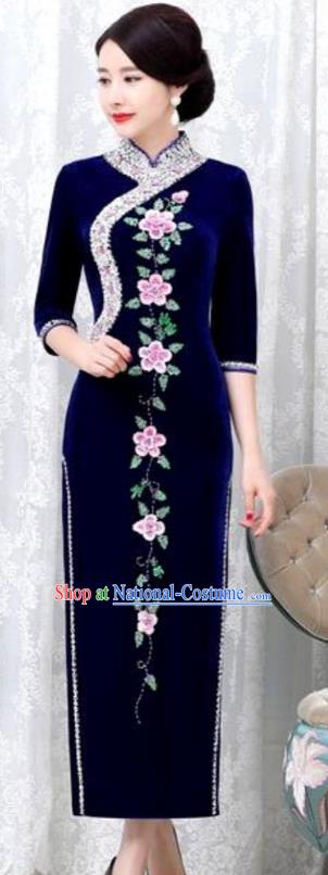 Chinese Traditional Elegant Blue Velvet Cheongsam Embroidery Qipao Dress National Costume for Women