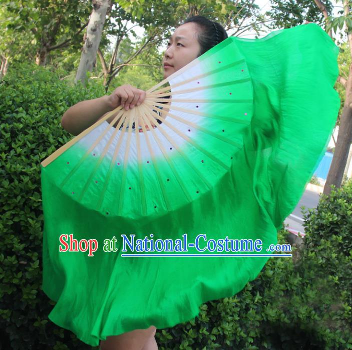 Chinese Handmade Folk Dance Ribbons Folding Fans Yangko Dance Classical Dance Green Fans for Women