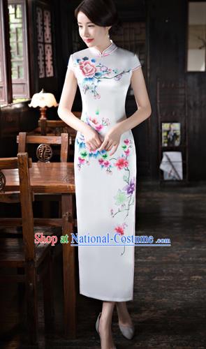 Chinese Traditional Elegant Printing Silk White Cheongsam National Costume Qipao Dress for Women