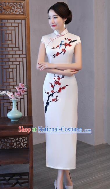 Chinese Traditional Printing Plum Blossom Elegant White Cheongsam National Costume Silk Qipao Dress for Women