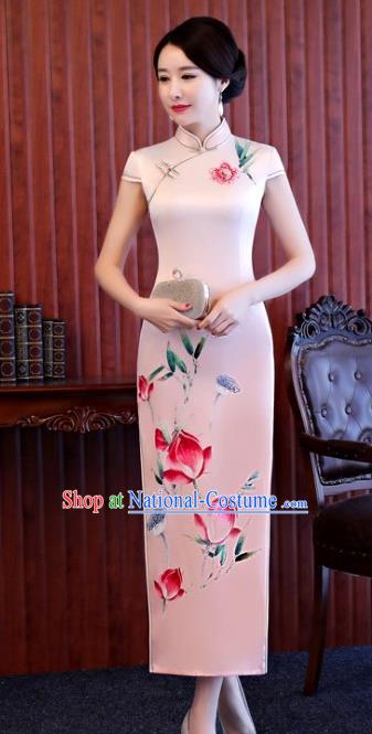 Chinese Traditional Printing Lotus Elegant Pink Cheongsam National Costume Silk Qipao Dress for Women