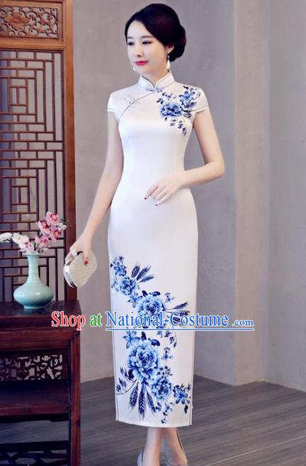 Chinese Traditional Printing Peony Elegant White Cheongsam National Costume Silk Qipao Dress for Women