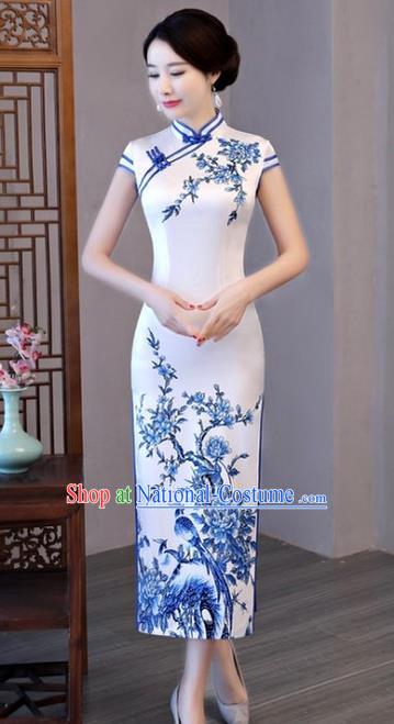 Chinese Traditional Printing White Elegant Cheongsam National Costume Silk Qipao Dress for Women