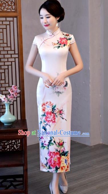 Chinese Traditional Pink Elegant Cheongsam National Costume Printing Peony Silk Qipao Dress for Women